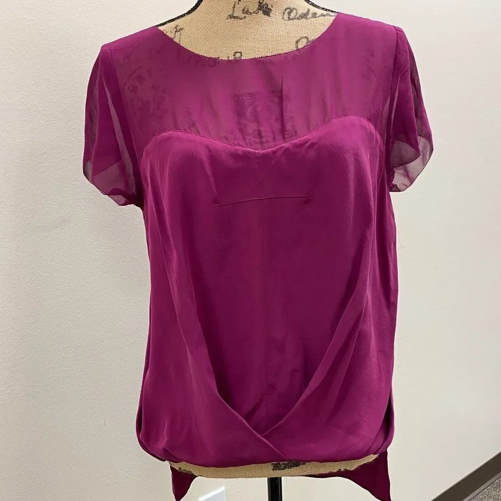 Artelier Nicole Miller magenta pink silk‎ high low crossover blouse top